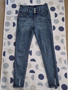 SHEIN Mid Blue High-Waist Stretch Skinny Jeans with Triple Button Size 2